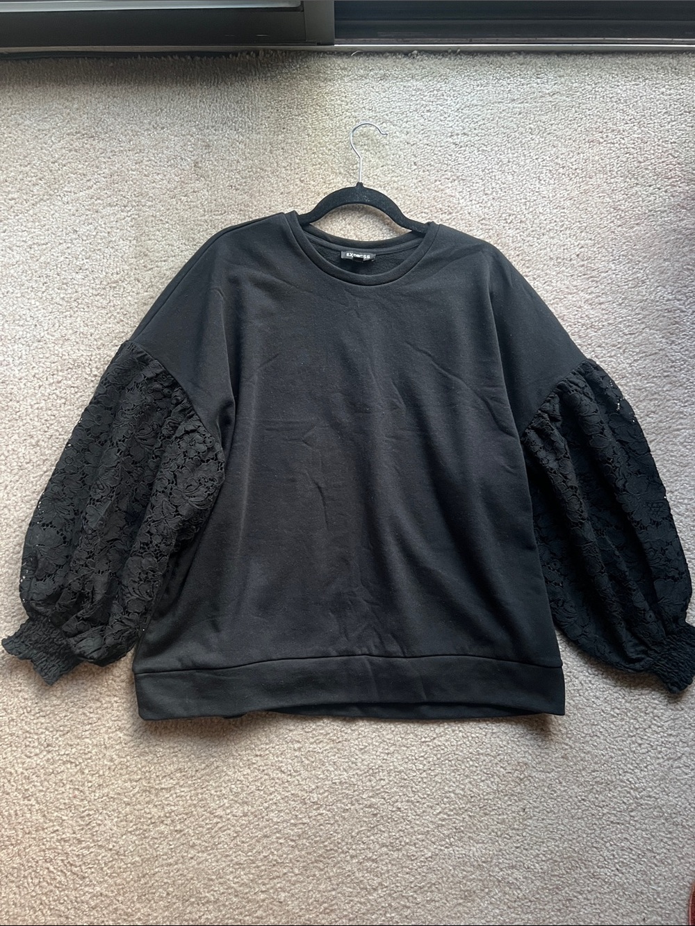 Express Black Sweatshirt with Lace Balloon Sleeves - Size XL - NWT